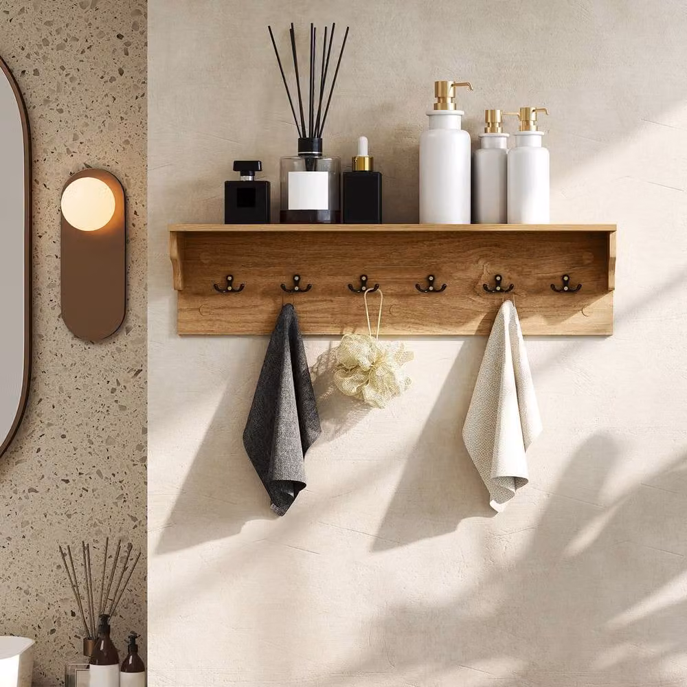 Costway Natural Wood Coat Rack with 6 Hooks and Floating Entryway Shelf, Width: 80 cm – 5