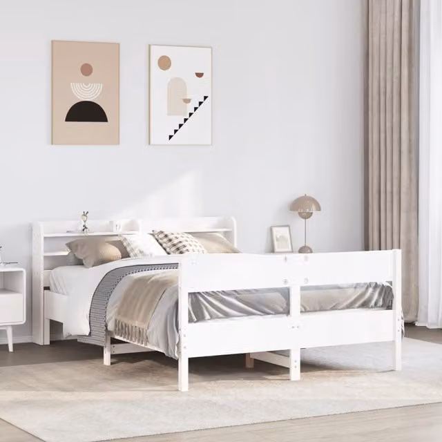 Berkfield Home White Solid Pine Wood Bed Frame with Side Compartments W/D/H: 140 x 200 cm