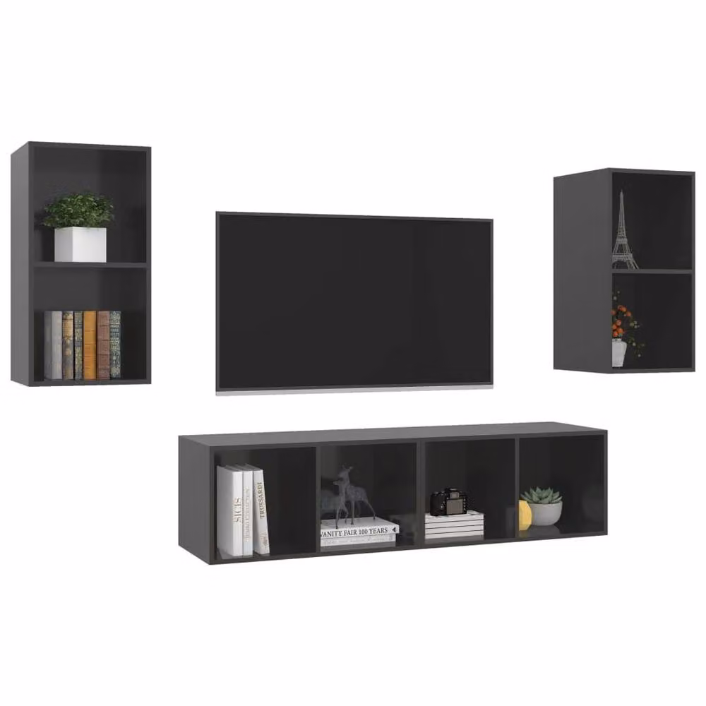 Berkfield Home Set of 4 Modern Wall-mounted Grey High Gloss TV Cabinets – 3