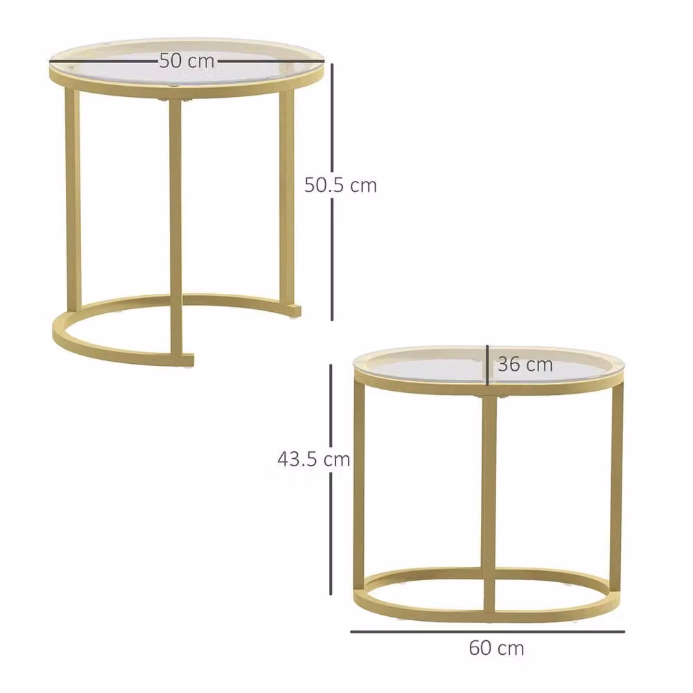 EONLION Modern Round Nest of 2 Coffee Tables with Gold Metal Sled Base and Glass Tops – 2