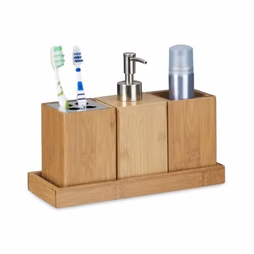 Simpa 4-Piece Bamboo Bathroom Accessory Set in Beige and Brown, including Toothbrush Holder, Soap Dispenser, Tumbler and Tray – 1