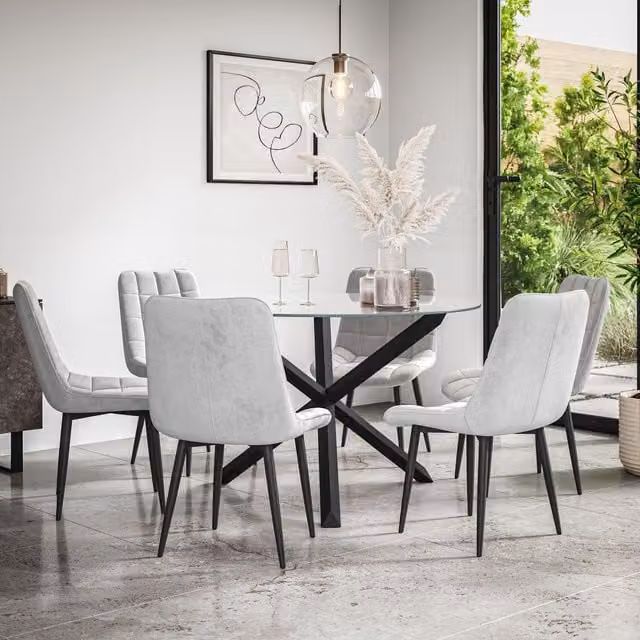More4Homes Malvern Round Dining Table and 6 Nova Grey Velvet Dining Chairs Set with Clear Glass Top and Black Solid Oak Legs – 1