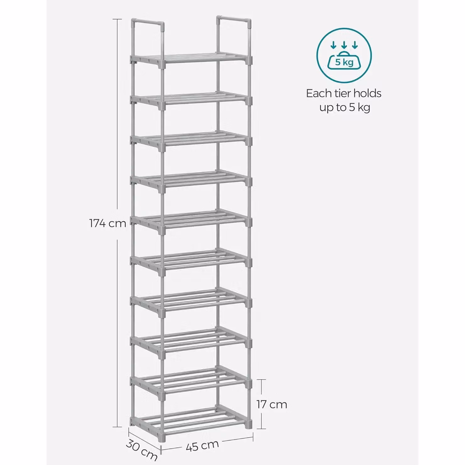 SONGMICS 10-Tier Metal Shoe Storage Organiser with Adjustable Shelves in Grey – 2