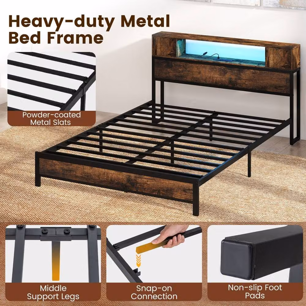 Kelvenix Double Bed Frame in Brown with Under-Bed Lighting, USB Charging Ports and Side Compartments, W: 140 cm, L: 200 cm – 4