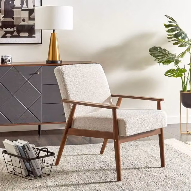 Wyld and Coco Mid-Century Armchair in White Boucle with Dark Rubberwood Frame – 1