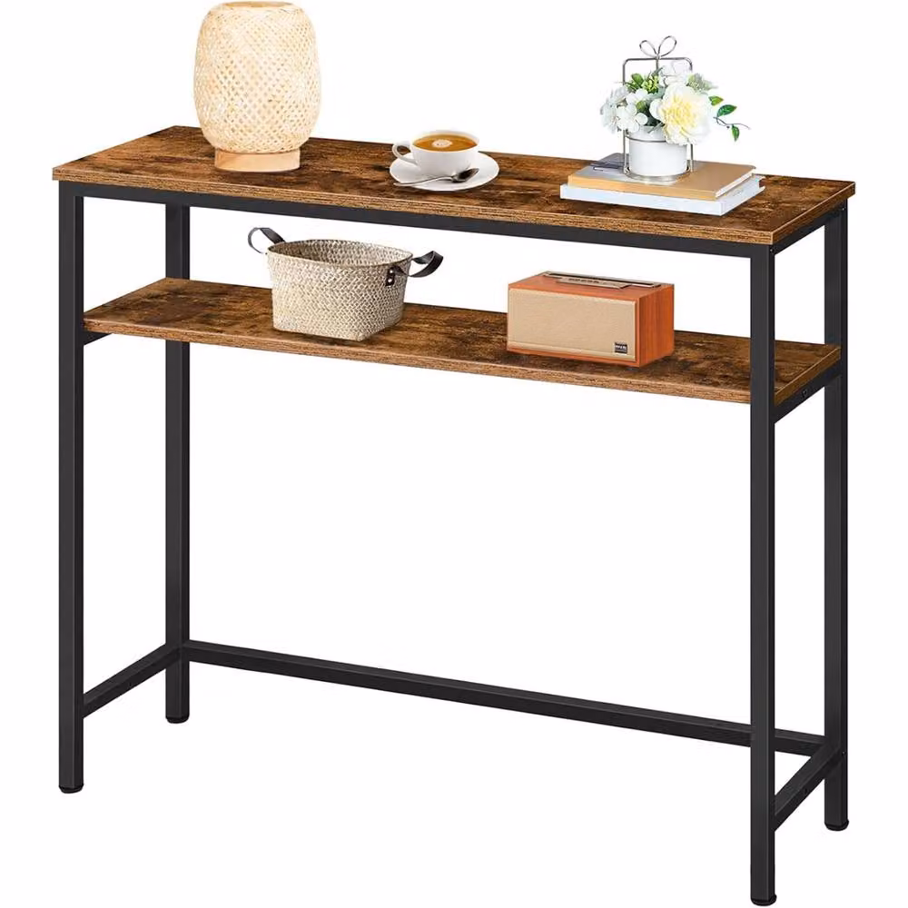 FURNOS 2 Tier Slim Hallway Console Table with Adjustable Shelves, Brown, W/D/H: 80 x 24 x 80 cm – 7