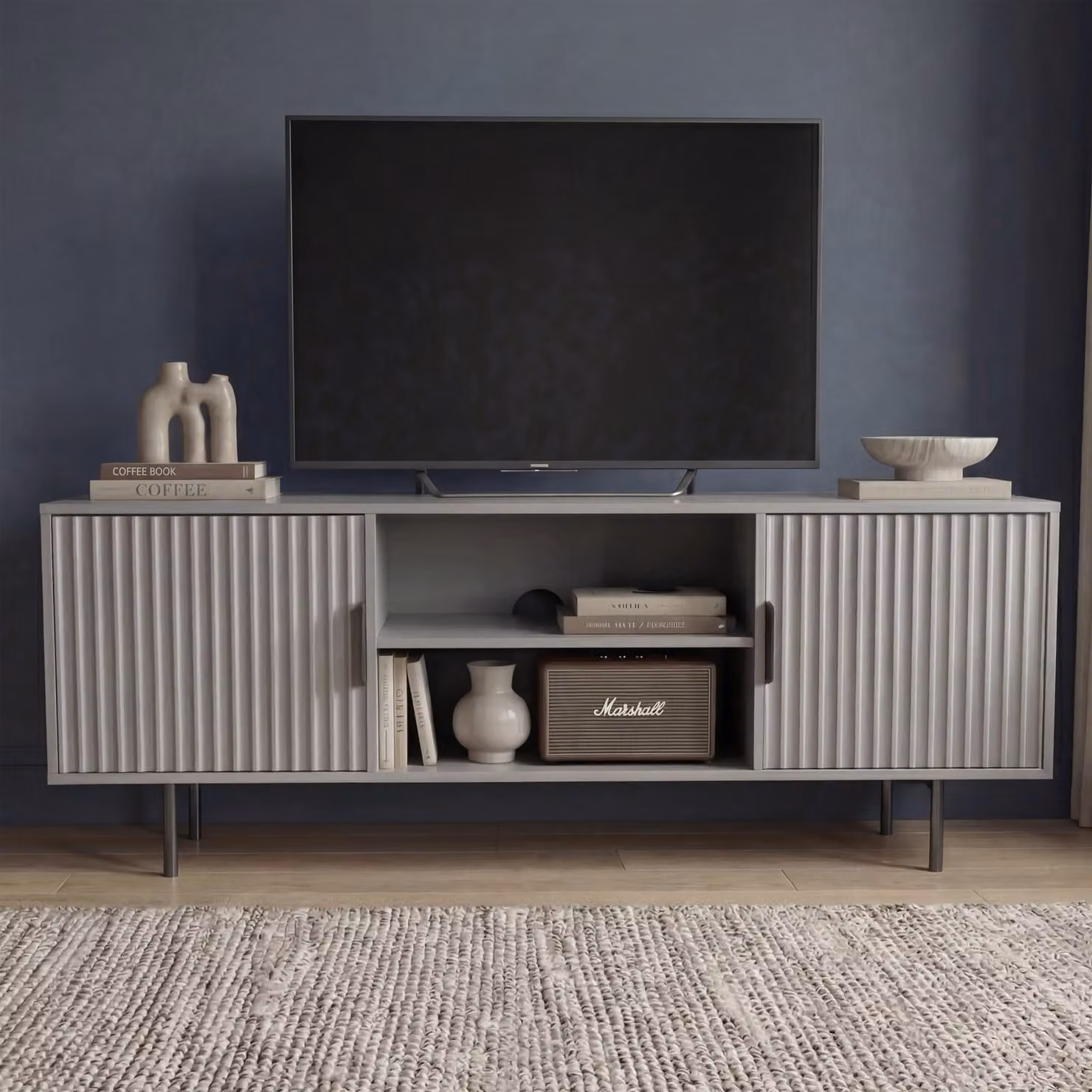 DHS Flutrina Grey Painted TV Unit Cabinet with Storage for TVs up to 55 inch, W: 140 cm, D: 40 cm