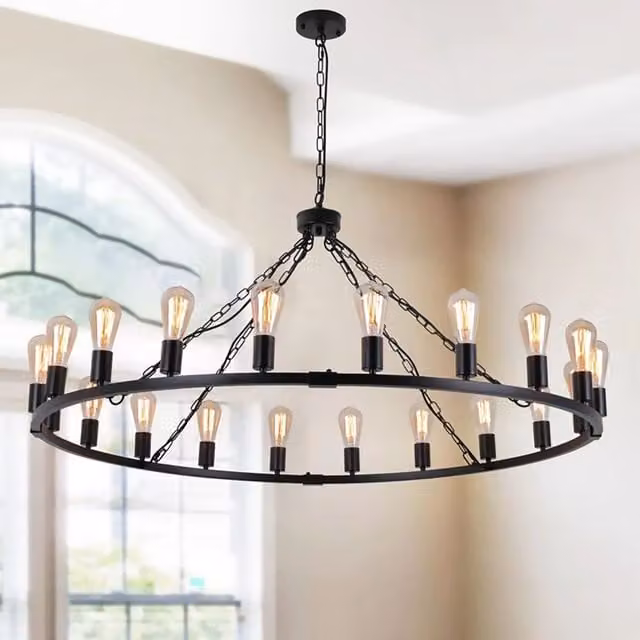 Garwarm 20-Light Black and Bronze Metal Wagon Wheel Chandelier with Height Adjustable Round Design