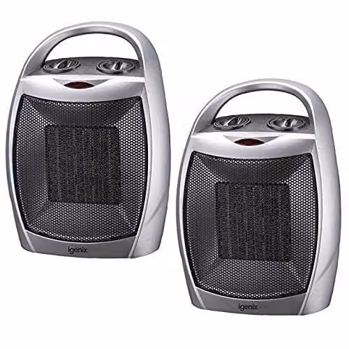 Igenix 1800W Ceramic Fan Heater with Tilt Protection and Cold Stage, Silver, Pack of 2 – 1