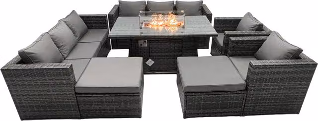 Fimous 10 Seater Rattan Garden Furniture Firepit Dining Set with Lounge Sofa, Table and 2 Footstools in Dark Grey – 1