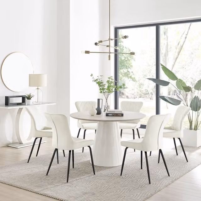 Furniturebox Palma Beige Stone Effect Round Dining Table and 6 Nora Black Leg Chairs in Cream