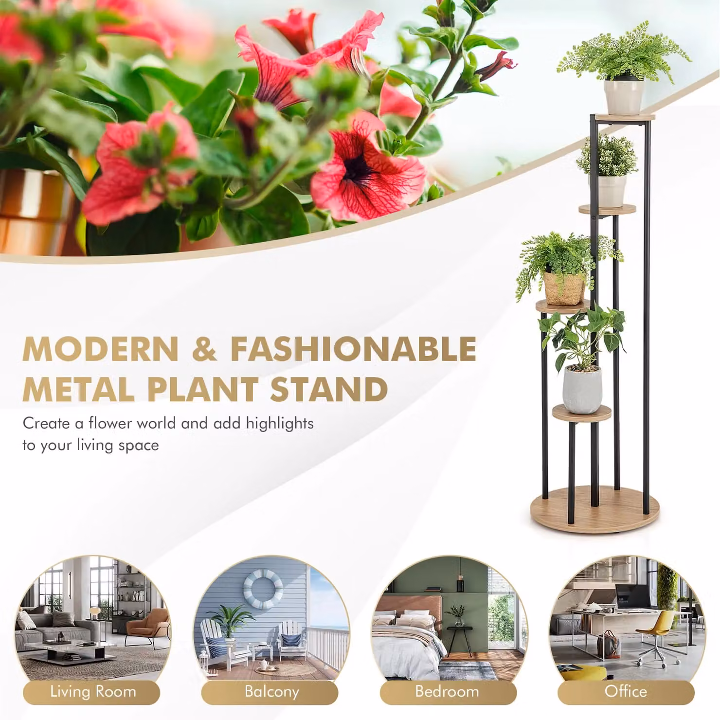 Costway Tall Corner Metal Plant Stand in Natural – 4