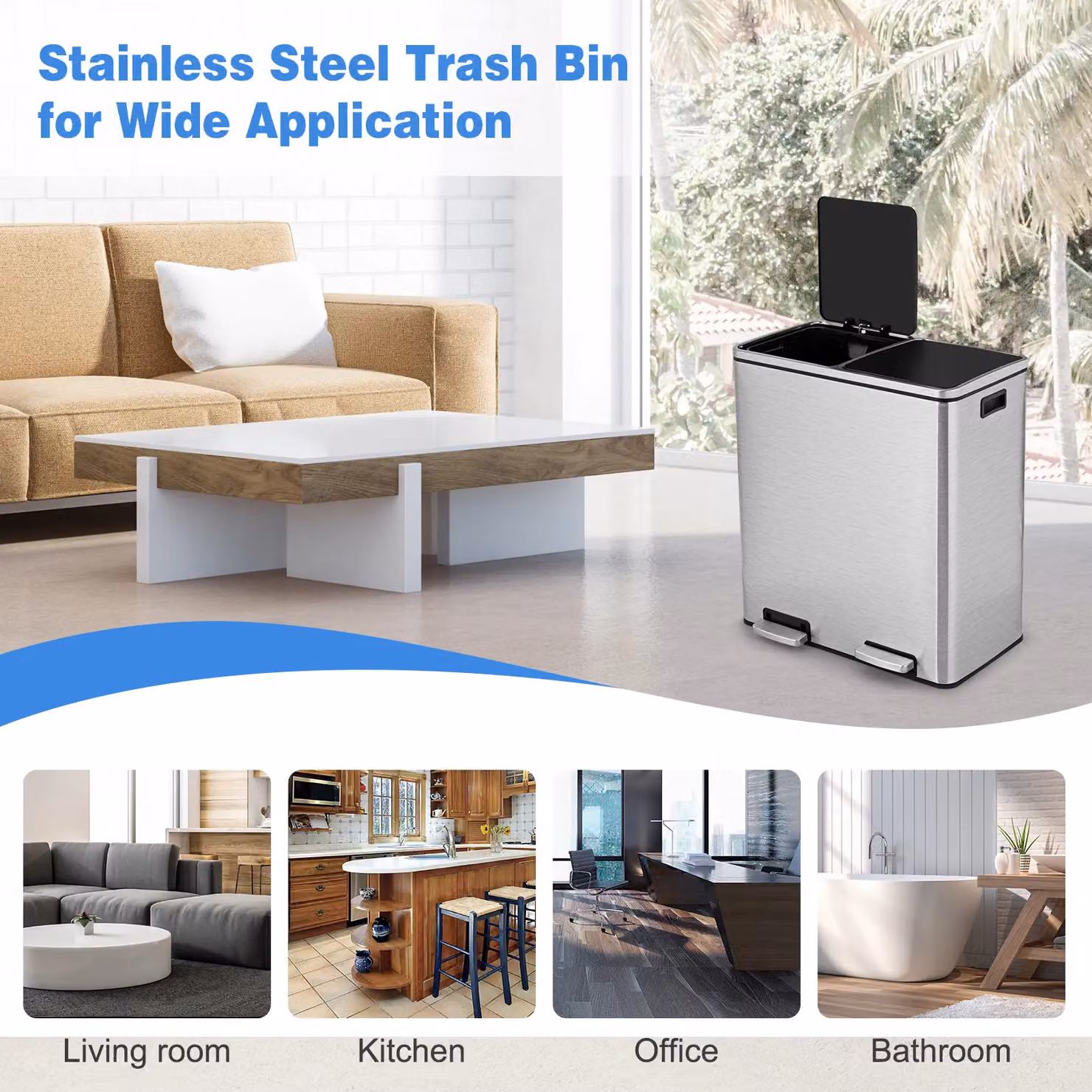 Gymax 60L Double Recycling Pedal Bin with Removable Plastic Inner Buckets in Silver – 5