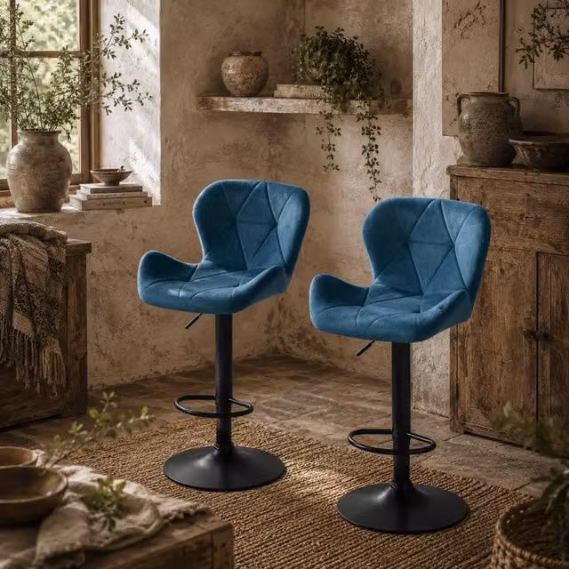 Wyld Haus Rottira Blue Velvet Adjustable Swivel Bar Stools, Set of 2