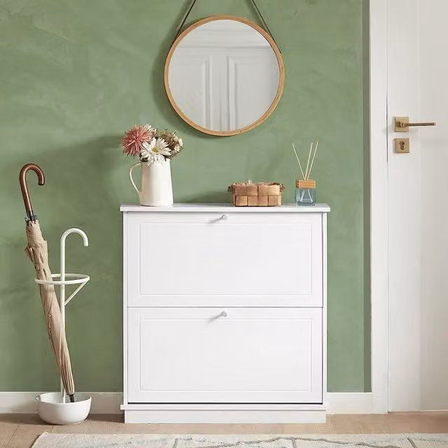 SoBuy Slim White Shoe Cabinet with 2 Tilting Compartments and Matt Finish