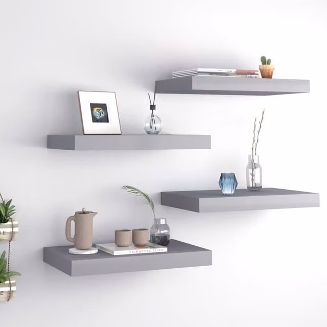 Berkfield Home Floating Wall Shelves, 4 Piece Grey MDF Set, W: 40 cm, D: 23 cm, H: 3.8 cm