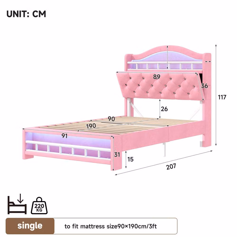 Rolipo Pink Velvet Double Bed Frame with LED Lighting, USB Charging Ports and Side Storage Compartments – 5