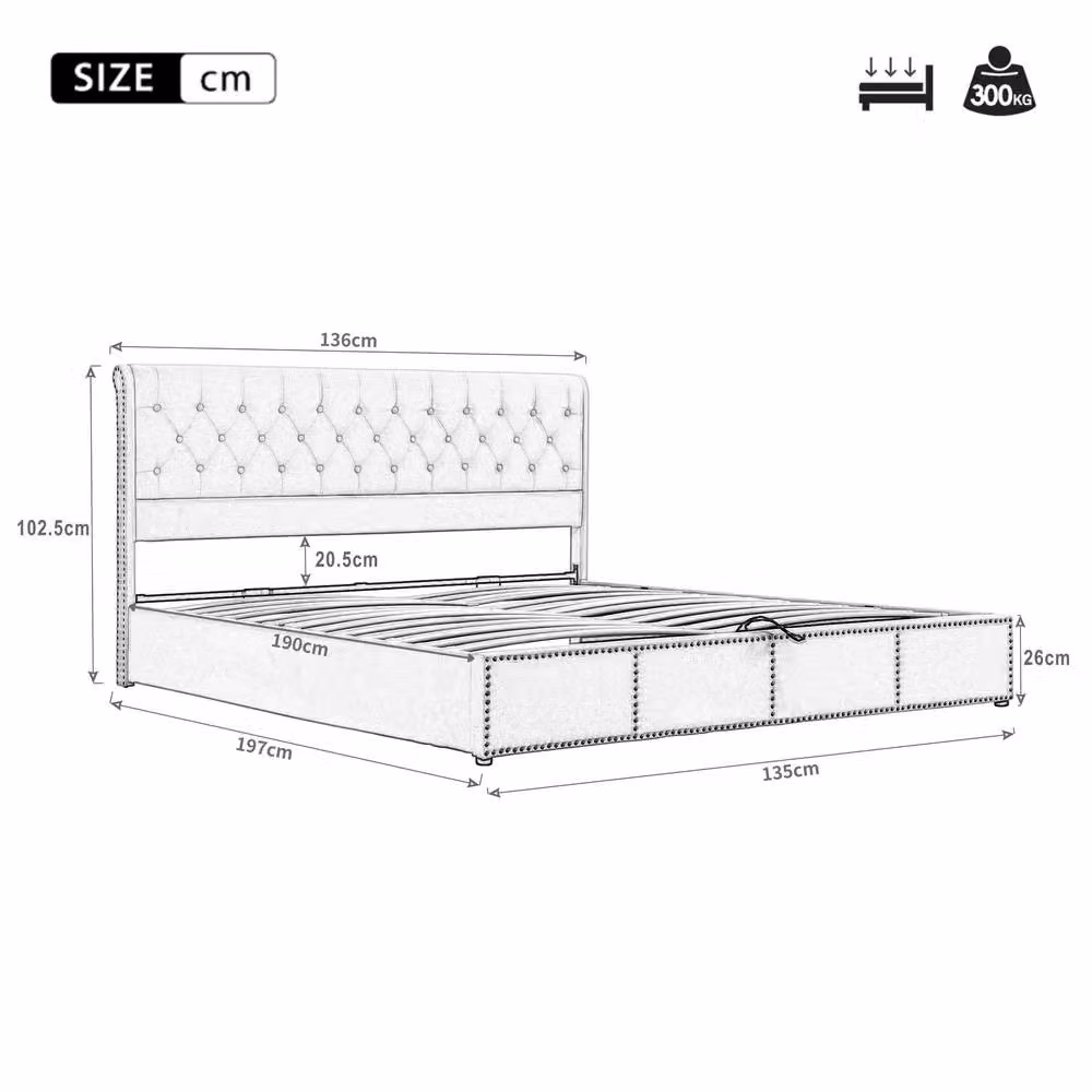 Matteo Luxurious Upholstered Double Bed with Lift-Up Storage in Light Grey Velvet, W/D/H: 135 x 190 x 102.5 cm – 2