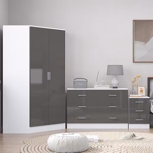 Reflect Modern Bedroom Furniture Bundle - Corner Wardrobe, 6 Drawer Chest and 3 Drawer Bedside - Gloss Grey and Matt White – 2