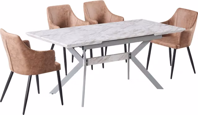Life Interiors Zarah Blaze LUX Dining Set with Extendable Rectangular Marble Table and 6 Beige Chairs