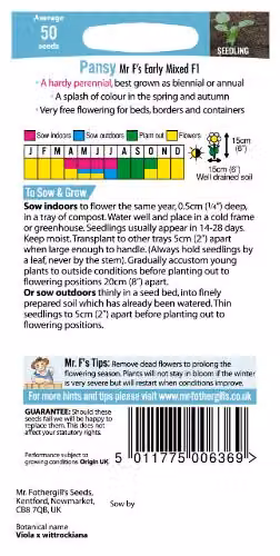 Mr Fothergill's Mr F's Early Mixed F1 Pansy Multicolour Flower Seeds – 2