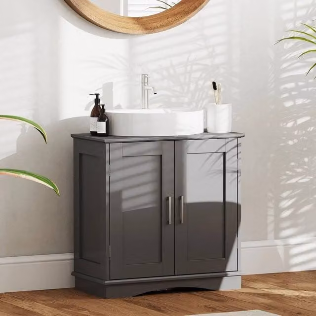 EONLION Grey Matt Modern Freestanding Bathroom Pedestal Sink Cabinet with Hinged Doors and Internal Shelves, Width: 60 cm – 1
