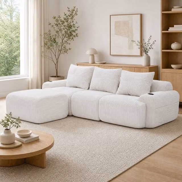 STILVORA Reversible L-Shape 3-Seater Modular Sofa in Beige with Cup Holders and Storage Pockets – 1