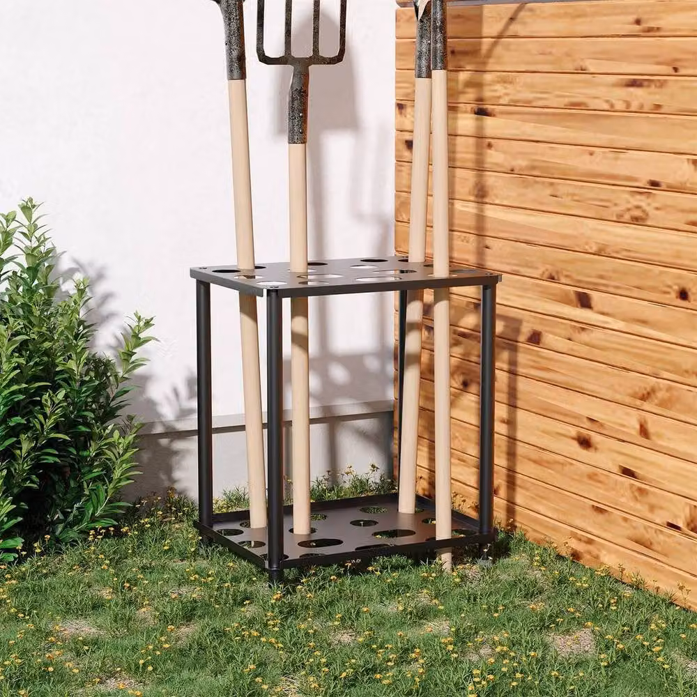 KORVIXA Freestanding Metal Outdoor Garden Tool Storage Rack in Matt Black – 3