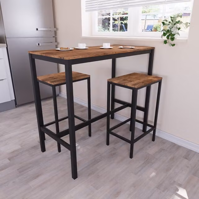 Vida Designs Modern Rectangular Bar Table and 3 Chairs Set in Brown Wood and Metal