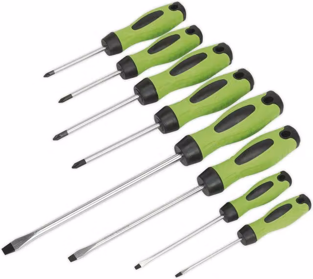 Loops 8 Pack Hi-Vis Green Screwdriver Set with Slotted, Phillips and POZI Premium Stainless Steel Drivers – 1