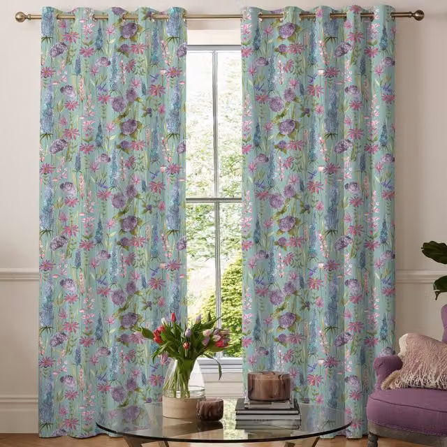 Voyage Florabunda Made to Measure Blackout Floral Curtain in Blue and Multicolour Cotton Linen Fabric with Eyelets