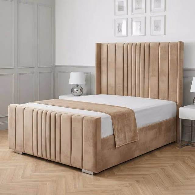 Living Comfort Bedz Cambridge Wingback Upholstered Velvet Bed in Beige, W/D/H: 180 x 200 cm