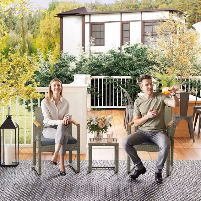 Outsunny 3-Piece Modern Rattan Conversation Set with Acacia Wood Table, Grey