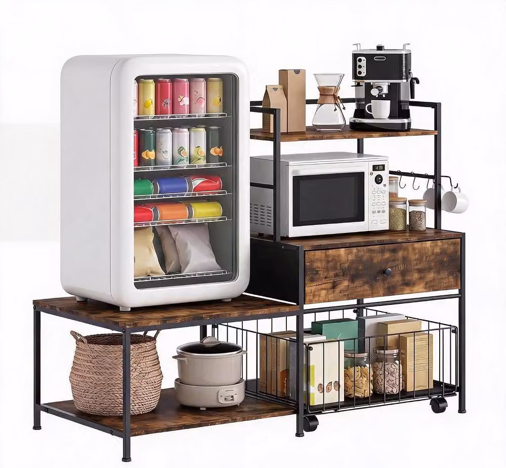 London Boutique Brown Industrial Rolling Kitchen Island Microwave and Coffee Bar Cabinet with Castors – 2