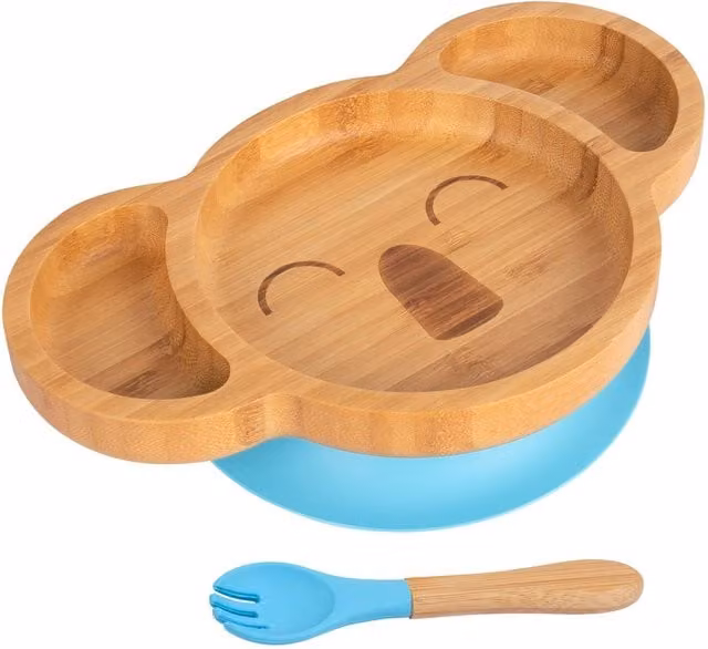 Tiny Dining Bamboo Koala Baby Weaning Plate and Fork Set in Blue