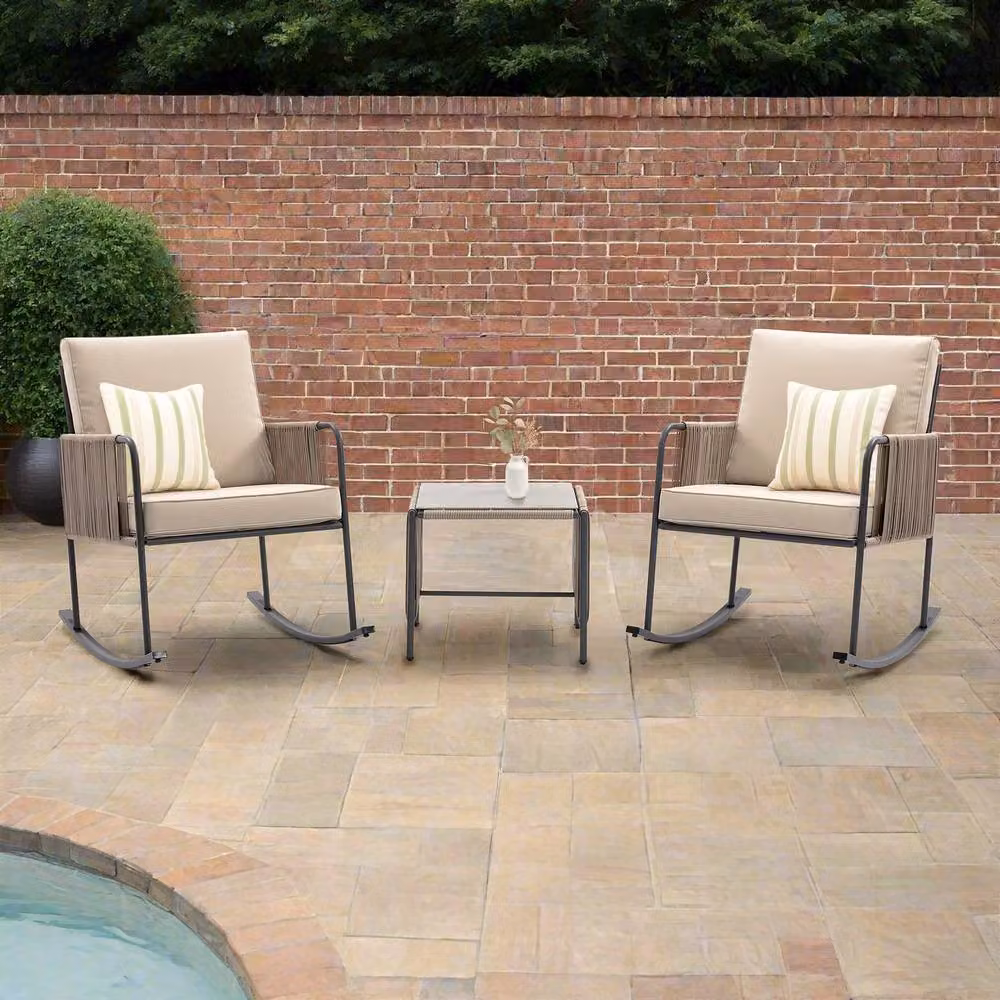 Teamson Home Modern Outdoor Garden Table and Rocking Chair Furniture Set in Beige Steel – 3