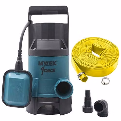 Mylek 750W Submersible Water Pump with 14000L/H Flow Rate and 10m Layflat Hose in Blue or Yellow
