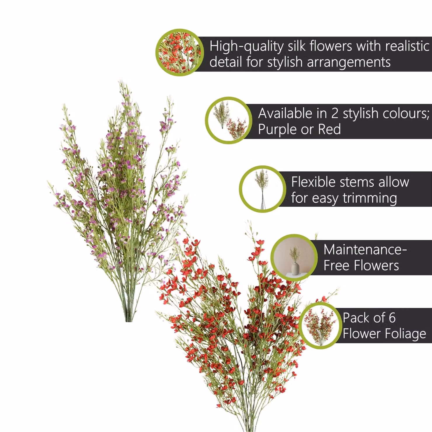 Pegdev Pack of 6 Purple and Red Artificial Silk Floral Stems, Height: 100 cm – 1
