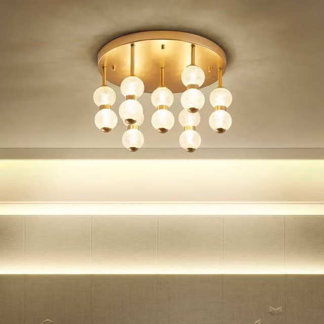 Wyld and Coco Round Pendant Light with Gold Metal Frame and Transparent Glass Shade, Integrated Warm White LED 3000K