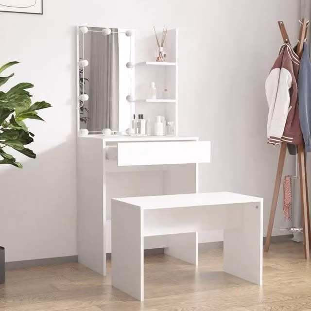 Berkfield Home White Dressing Table Set with Hollywood LED Mirror and MDF Construction, W: 140 cm, D: 40 cm, H: 60 cm – 1