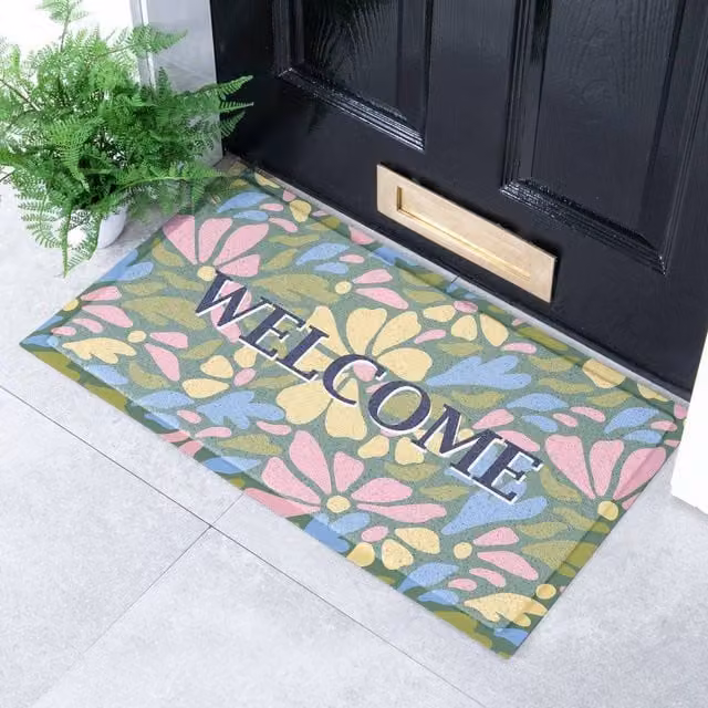 Artsy Mats Welcome Pastel Flowers Doormat, Multicolour, W: 90 cm, D: 60 cm