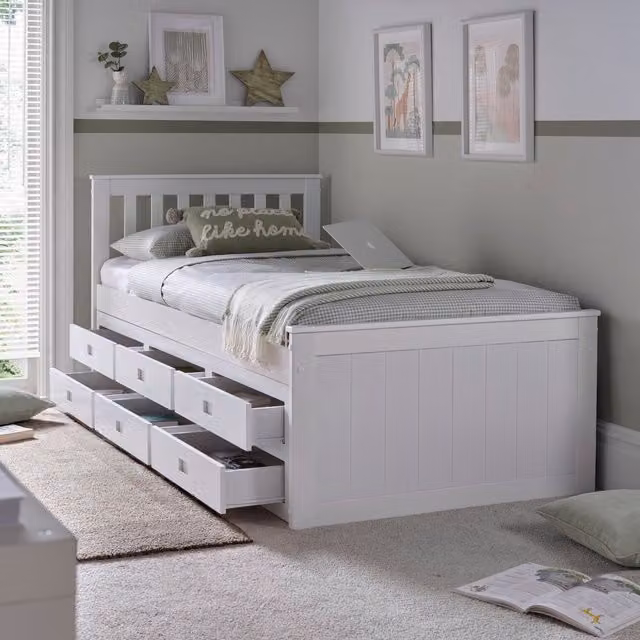Save On Goods UK White Lacquered Wooden Single Storage Bed Frame with 6 Drawers, W/D/H: 90 x 190 cm