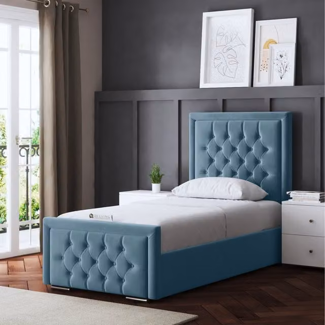 DS Living Allegra Chesterfield Upholstered Small Double Bed in Blue Velvet, W/D/H: 120 x 200 cm
