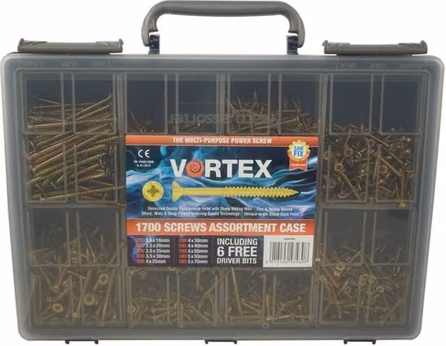Vortex High-Performance Galvanised Woodscrews, Assorted, 1700 Pieces, Yellow Box of 4