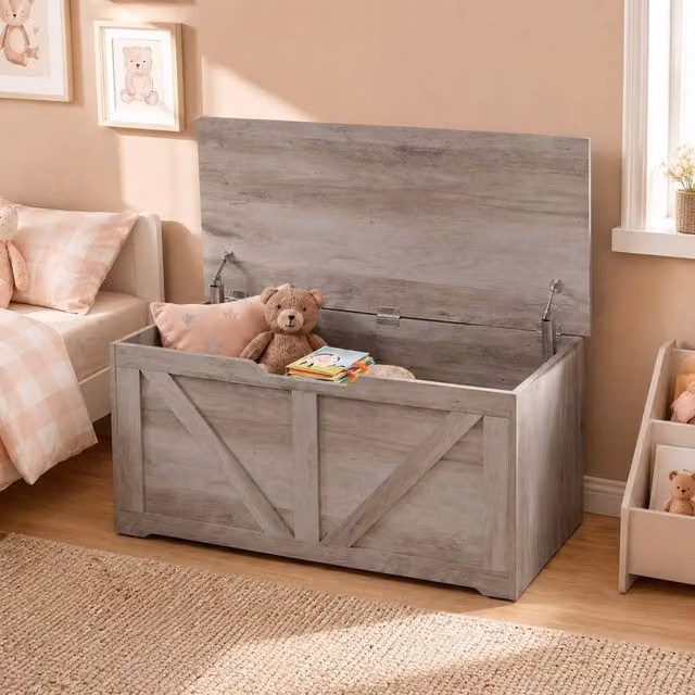 STILVORA Grey Rustic MDF Storage Box with Safety Hinges, W/D/H: 100 x 40 x 45 cm – 1