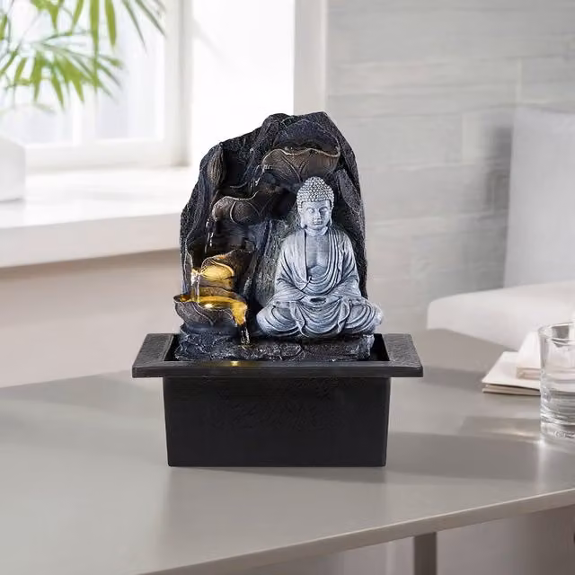 Garden Sanctuary Tabletop Buddha Water Fountain with LED Light in Black and Grey