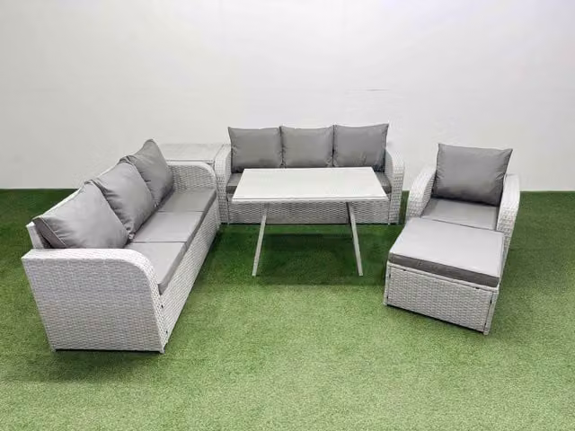 Fimous 6 Piece Outdoor PE Rattan Garden Furniture Set with Side Table and Big Stool in Light Grey