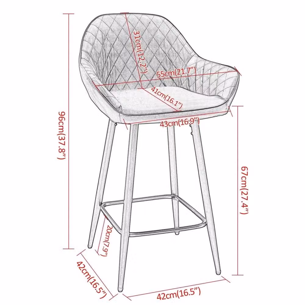 ERGOVEXA Set of 2 Ergonomic Grey Faux Leather Bar Stools with Armrests and Metal Legs – 2