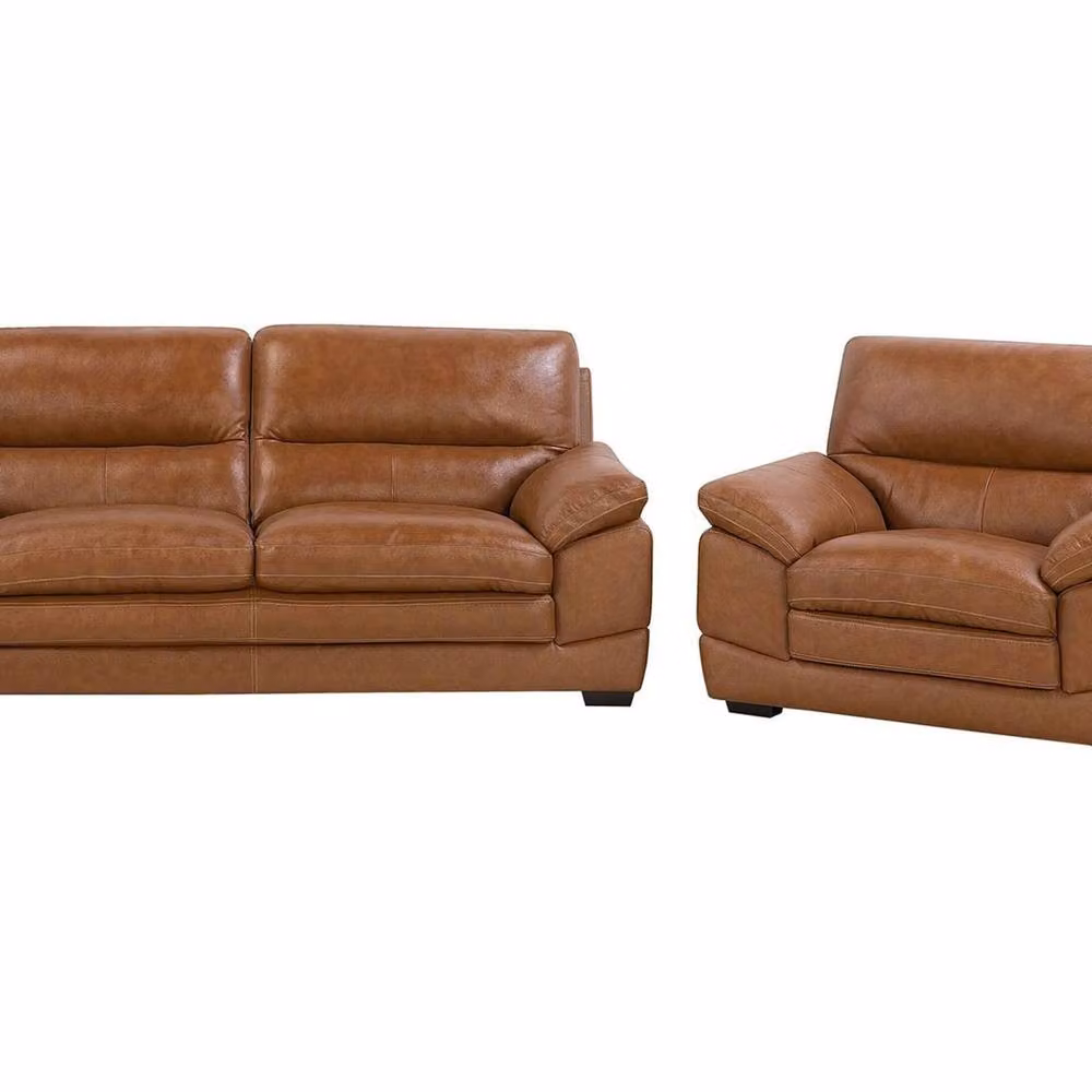 Wyld and Coco Brown Synthetic Leather 3+1 Sofa Set with Retro Birchwood Legs and Scatter Cushions – 2