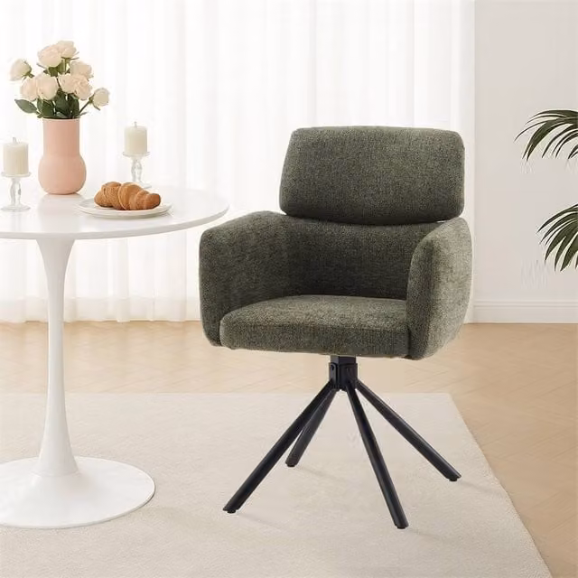 Kelvenix Green Chenille Swivel Dining Chair with Padded Seat and Metal Base